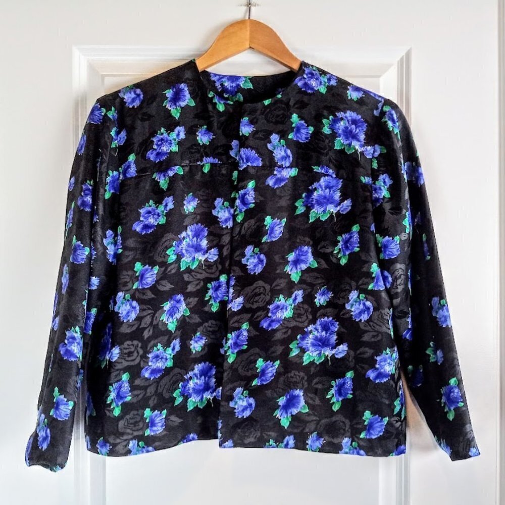 Handmade Black Blue Green Floral Jacquard Open Jacket